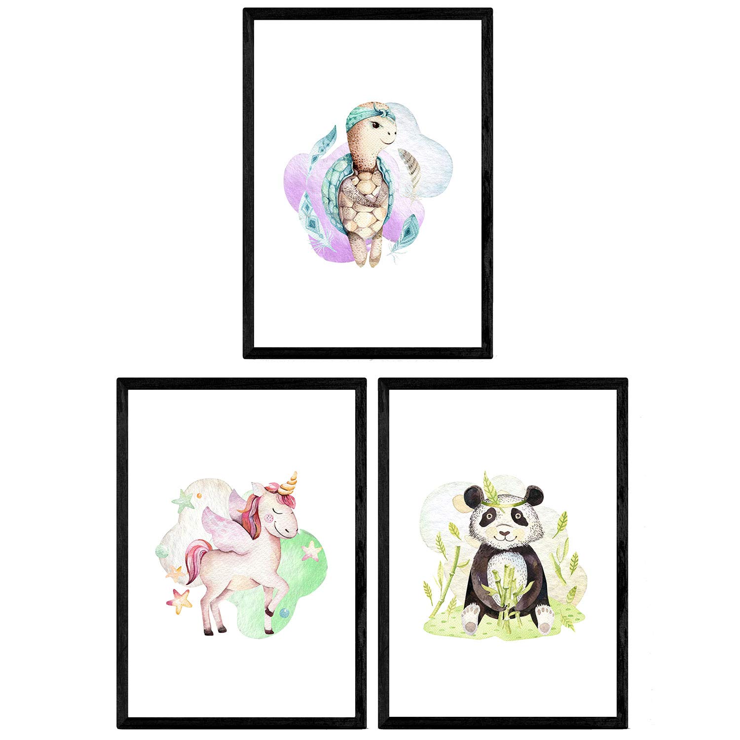 Nacnic Pack of three sheets with illustrations of animals. Posters with children's animal pictures. panda unicorn and turtle. A3 size unframed