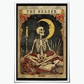 The Skeleton Moon Reader Print Tarot Card Canvas Wall Art Book Lover Gift Witchy Reading Nook Art Pictures Poster Gothic Dark Academia Bookish Library Decor Mystical Painting 12x18inch Unframed