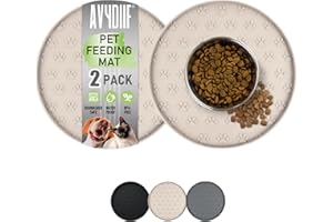 AVYDIIF Pet Feeding Mats for Food and Water, Waterproof Anti-Slip Placemats for Dog Cat Bowl, 2 Pack Silicone Pet Food Mat, Dishwasher Safe 10.9 × 10.9 (2 Beige, Small Paws)