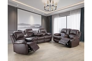 Plithzy Manual Recliner Sofa Set, Bonded Leather Sofa Set Living Room Furniture, Reclining Sofa Set Leather Recliner Couch with Cup Holder/Storage Console for Living Room (3 Pieces Couch Set, Brown)