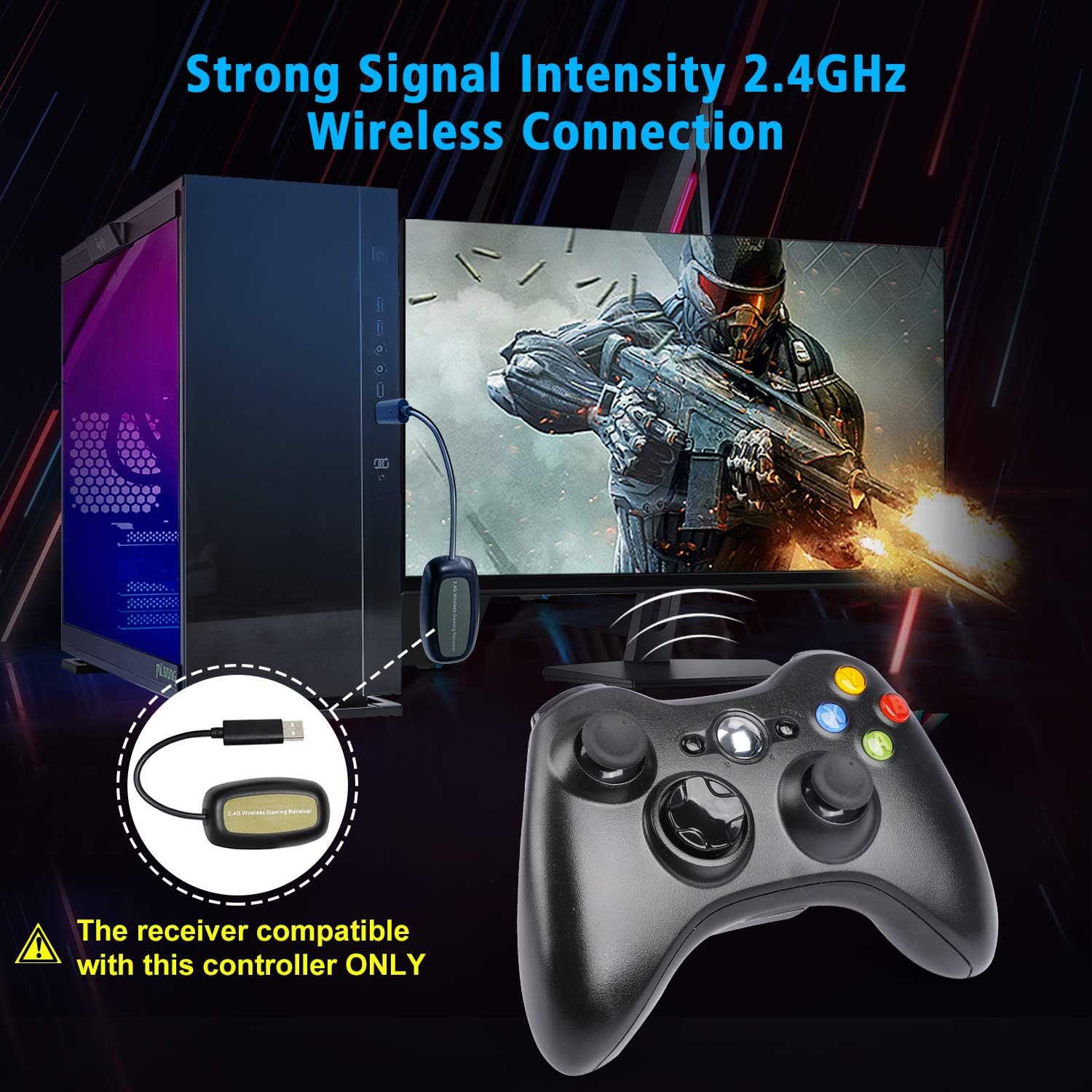 Wireless Controller for Xbox 360, Oussirro 2.4GHZ Remote Joystick Gamepad for PC Windows 7,8,10 with Receiver Adapter, No Audio Jack, Black: Electronics