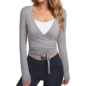3rd hill Women's Ballet Wrap Top Long Sleeve Pilates Yoga Shirt | Flattering Cross Tie Design, Trending Balletcore Aesthetic,