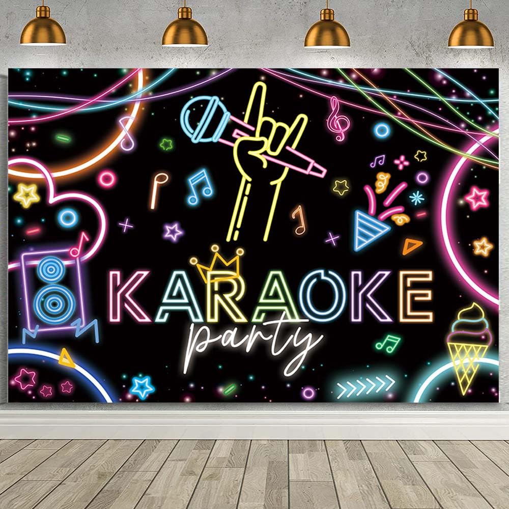Photo 1 of MEHOFOND 7x5ft Karaoke Party Backdrop Large Rock Star Music Disco Background Banner Music Theme Karaoke Party Decorations Musical Night Show Microphone Vacation Party Birthday Decor Supplies