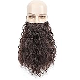 JBCHUCI Men Long Curly Wizard Beard with Elastic Band, Old Man Fake Beard Costume for Theater Cosplay, Halloween and Christmas Party (Brown)