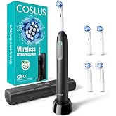 COSLUS C60 Rechargeable Rotating Electric Toothbrush for Adults, Black | Portable, Spinning Toothbrush for Deep Clean with Travel Case, Cordless Charging &amp; Long Battery Life, Smart Pressure Sensor