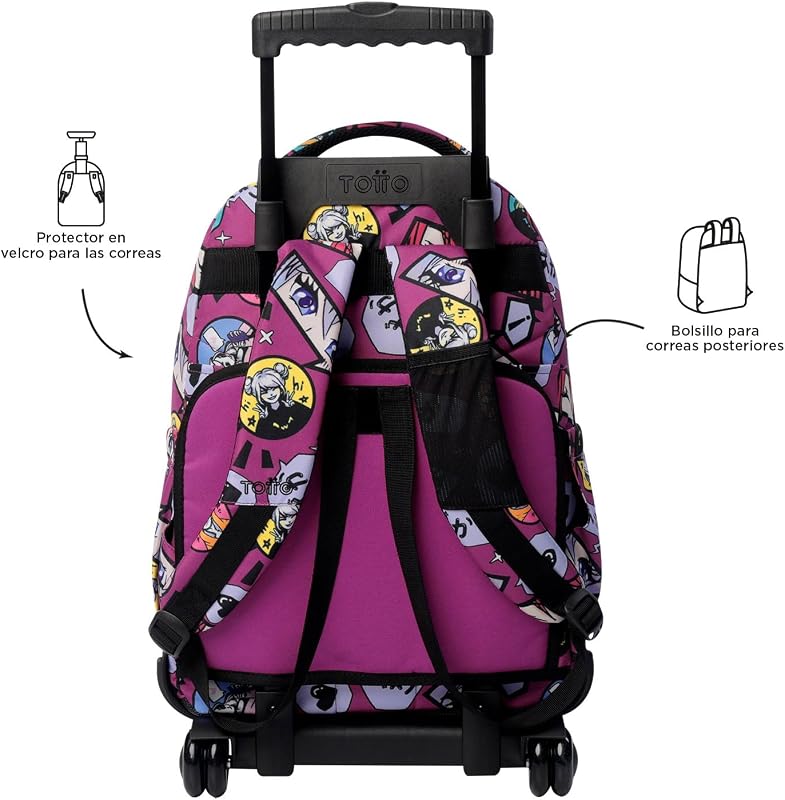 - Mochila Escolar con Ruedas, Modelo Renglones, Capacidad 26,21 Litros, Bolsillo para PC 14", Bolsillo Botella, Correas en S para Mayor Comodidad, Resistente, Estampado Kitsune