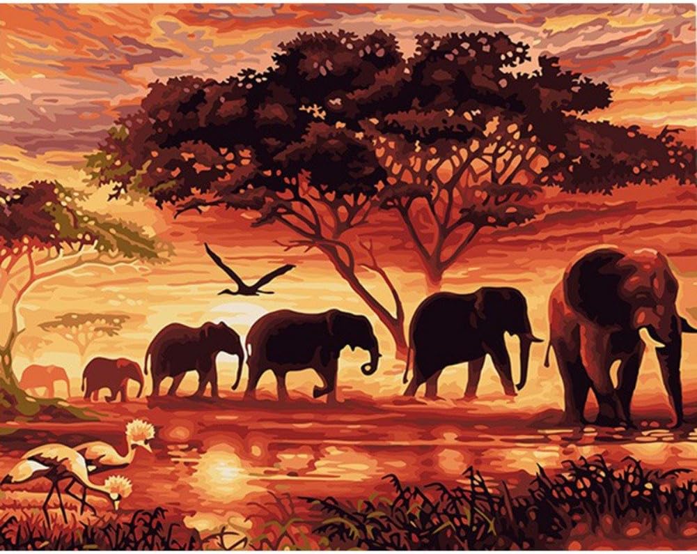 Peyan DIY Oil Painting Paint by Number Kit for Adult Image Drawing On Canvas Hand Coloring Arts Crafts Sewing New Sunset and Elephants 16x20inches