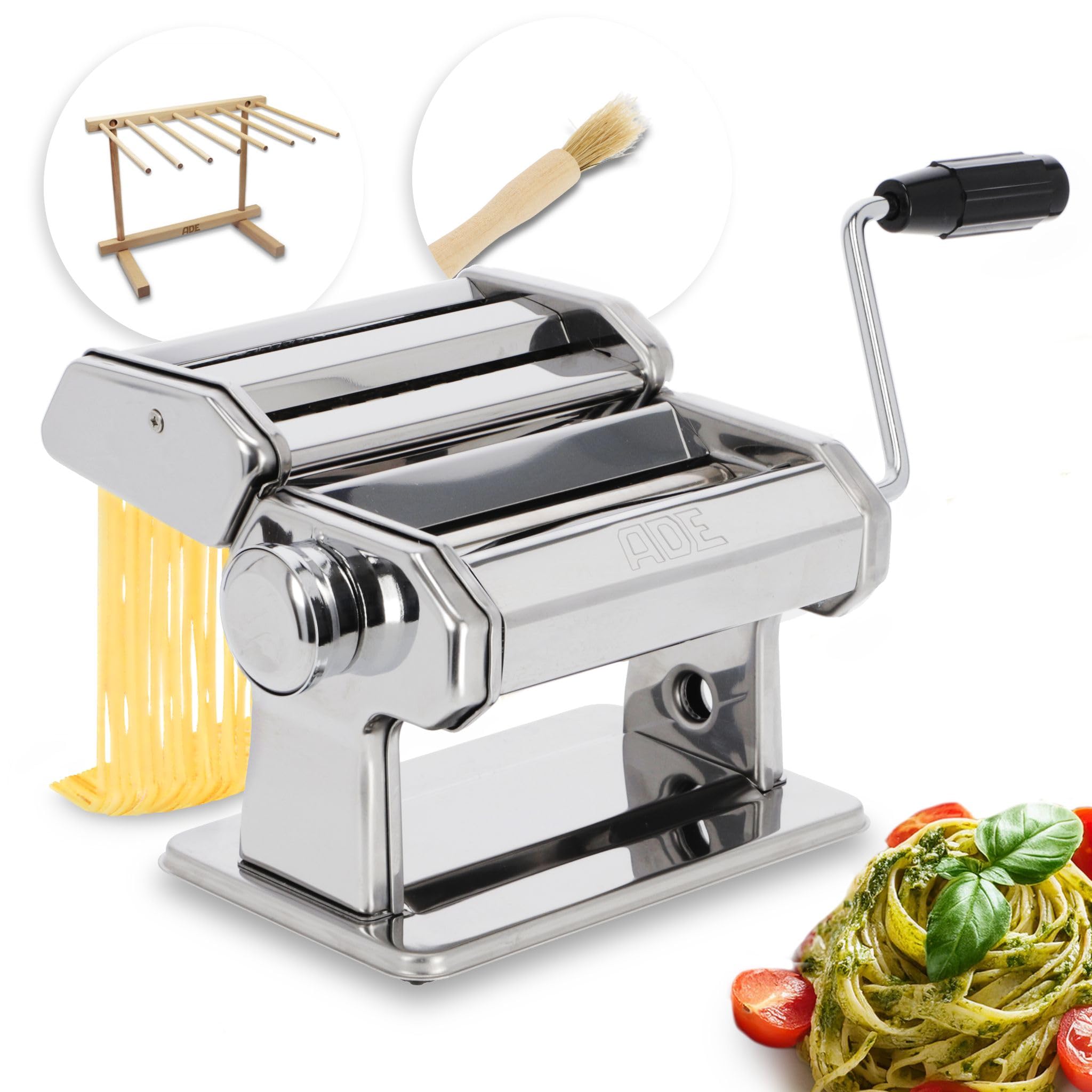 ADE High-Quality Manual Pasta Machine, 7 Dough thicknesses for Lasagna, Spaghetti fettucine, with Extras: Pasta Dryer and Cleaning Brush, Stainless Steel Pasta Maker, Pasta Machine, Pasta Dough