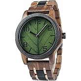 EBONY Wood Watch for Men Natural Wooden Japanese Quartz Minimalist Style Mens Wristwatch Unique Real Leaf Vein Dials Lightweight Casual Watches
