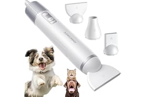 BUENKEE Dog Dryer Handheld Pet Hair Dryer, 3HP High-Velocity Blower with 3 Speeds & 4 Temps Lightweight, Quiet Design. Portable Blow for Travel & Home Grooming. Includes 3 Nozzles (White)