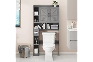 Vabches Over The Toilet Storage Cabinet, Farmhouse Style with 2 Barn Doors, Toilet Paper Holder, Space-Saving for Bathroom & Laundry, Gray