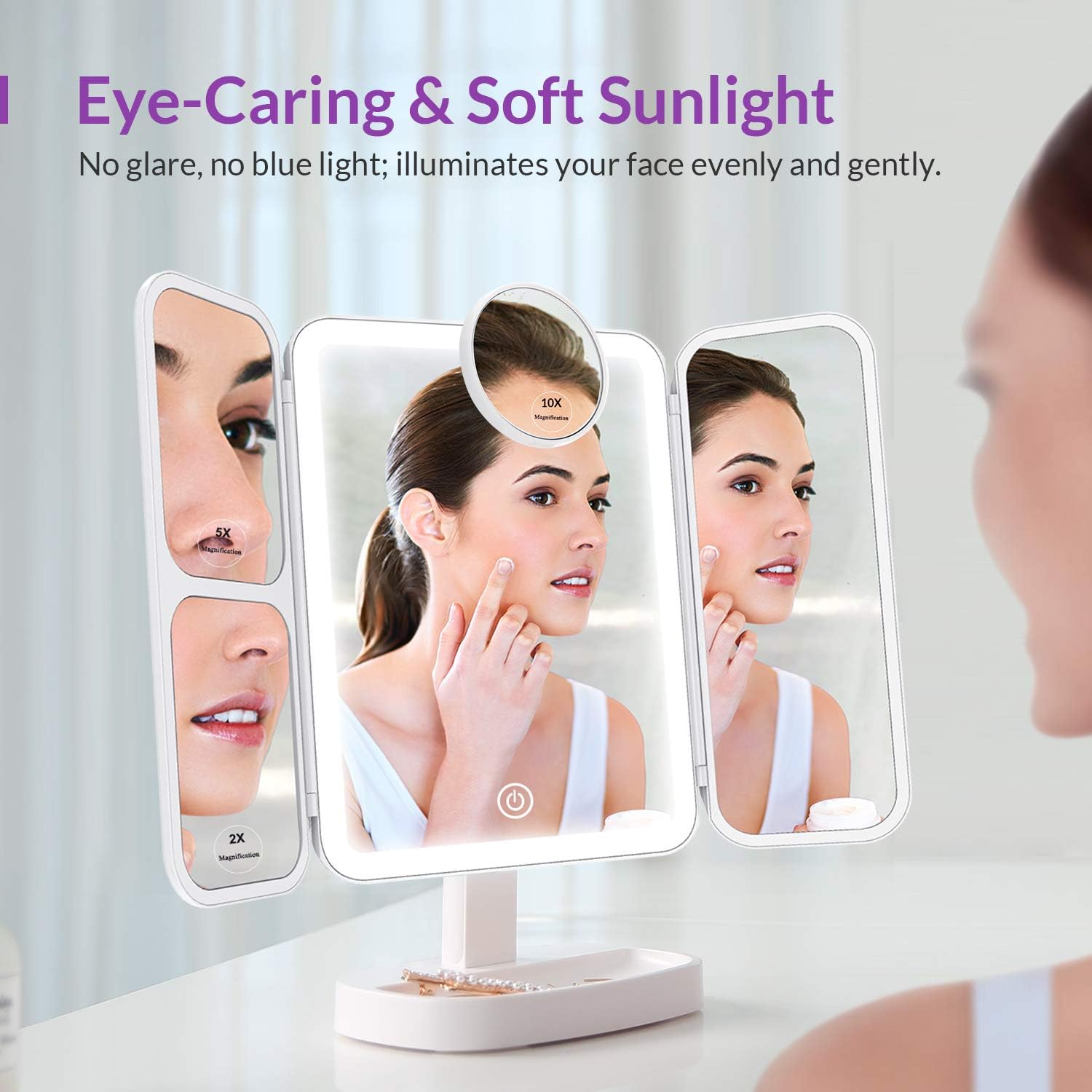 EASEHOLD Makeup Mirror Vanity Mirror with Lights 38 LED Lighted Mirror 1X/2X/5X/10X Magnification Trifold Mirror with Touch Screen 180 Degree Rotation Dual Power Supply Dimming Lit Cosmetic Mirror -