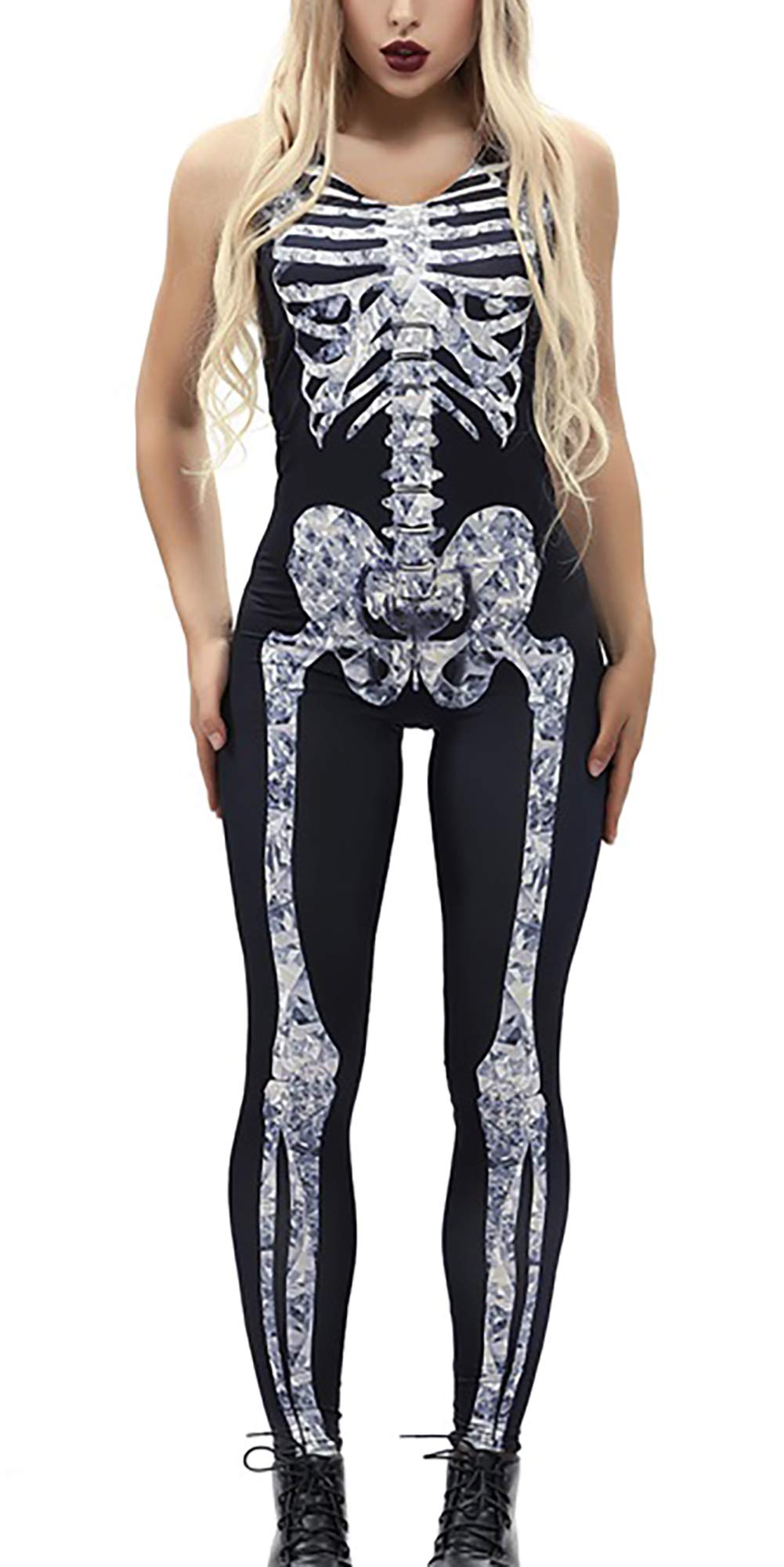 TUONROAD Printed Scary Full Bodysuits for Halloween Cosplay Party Funny Unique Black White Grey Xray Skeleton Catsuit Outfits One-Piece Zip up Sleeveless Leotard Jumpsuit Costume for Womens Ladies