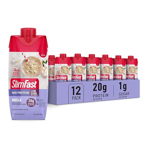 SLIMFAST PROTEIN SHAKE, VANILLA- 20G PROTEIN, MEAL REPLACEMENT SHAKE READY TO DRINK, HIGH PROTEIN WITH LOW CARB AND LOW SUGAR, 24 VITAMINS AND MINERALS, 12 COUNT (PACK OF 1) (PACKAGING MAY VARY)
