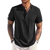 COOFANDY Men's Casual Henley Shirt Short Sleeve Band Collar Linen Shirt Summer Beach Hippie T-Shirts