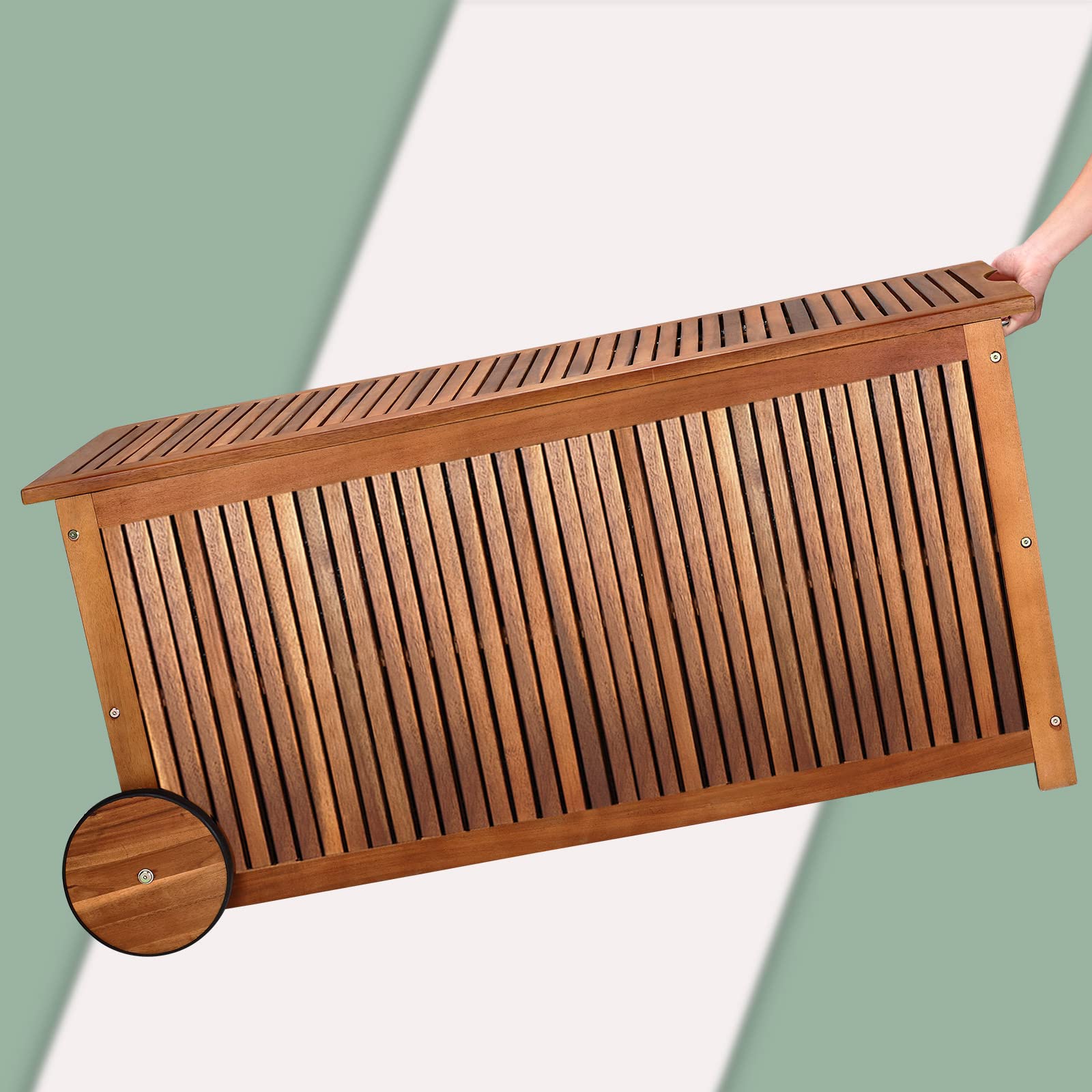 Casaria® Gartenbox Holz 350L Deckel 160kg belastbar Räder Griff Innenplane Ablaufkante Garten Stauraum Box Auflagenbox Akazie Wetterfest 117x52cm 7