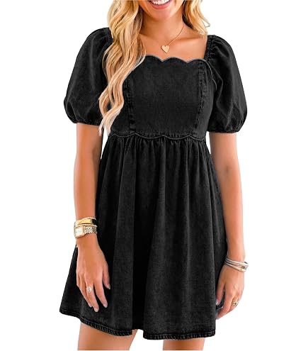 yoeasy Women's V Neck Denim Dress Casual Puff Sleeve Swing Ruffle Flowy A Line Mini Jean Babydoll Dress (X-Small, Black) at Amazon Women's Clothing store