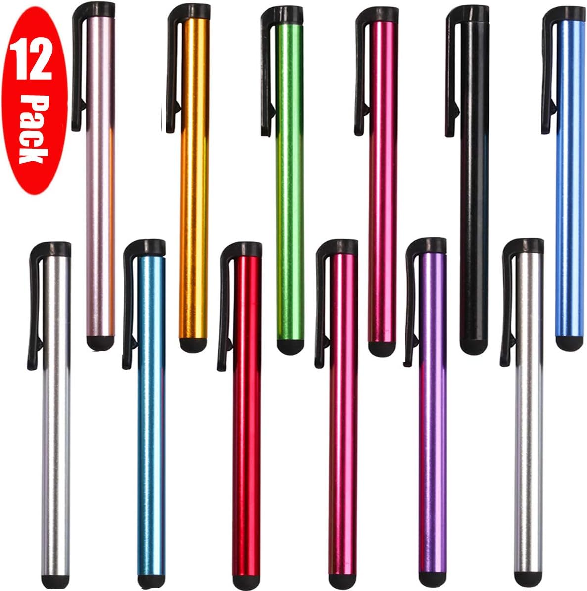 12 Pack Universal Capacitive Stylus Pen Portable Multicolor Touchscreen Stylus Pens Compatible with Apple iPhone 5 /5S/ 5C /6/7/11 Plus iPad Galaxy Tablet Smartphone PDA
