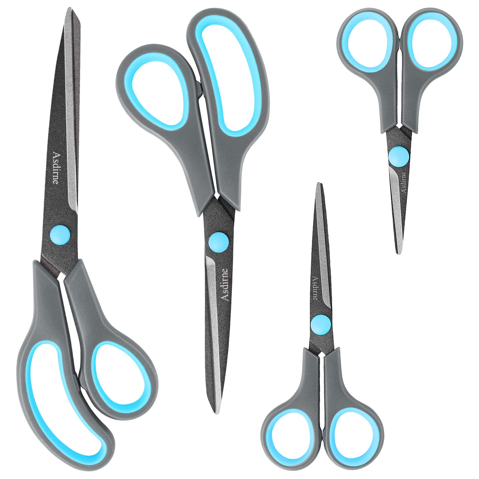 Asdirne Teflon Coating Scissors Set of 4, Non-Stick Scissors All Purpose, Premium Stainless Steel Razor Blades, Ergonomic Semi-Soft Rubber Grip, 10/''/8.5/''/6/''/5/'', Blue&Gray