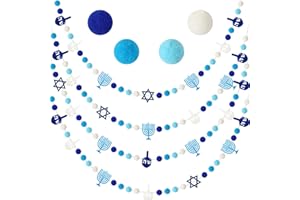 Jansun 4 Pack Hanukkah Garlands 32.8 Feet Felt Menorah Star of David Dreidel Blue White Pom Pom Garland Ornaments for Chanukkah Fireplace Wall Home Outdoor Party Hanging Decor Supplies