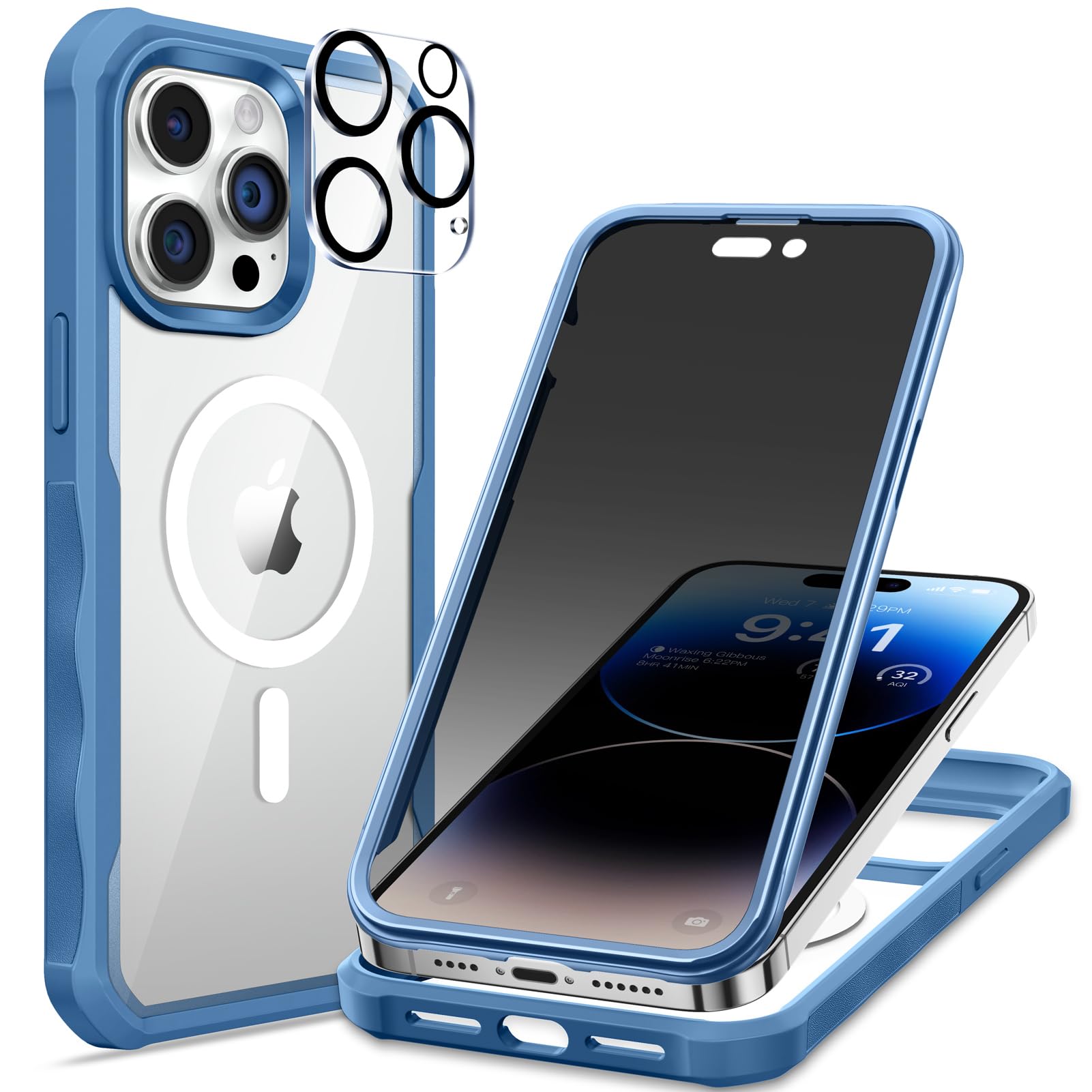Photo 1 of ***only case***seacosmo for iPhone 14 Pro Max Case, Full Body Bumper with Built-in 9H Tempered Glass Privacy Screen Protector and Camera Lens Protector, Compatible with MagSafe, Shockproof Phone Case, 6.7", Blue