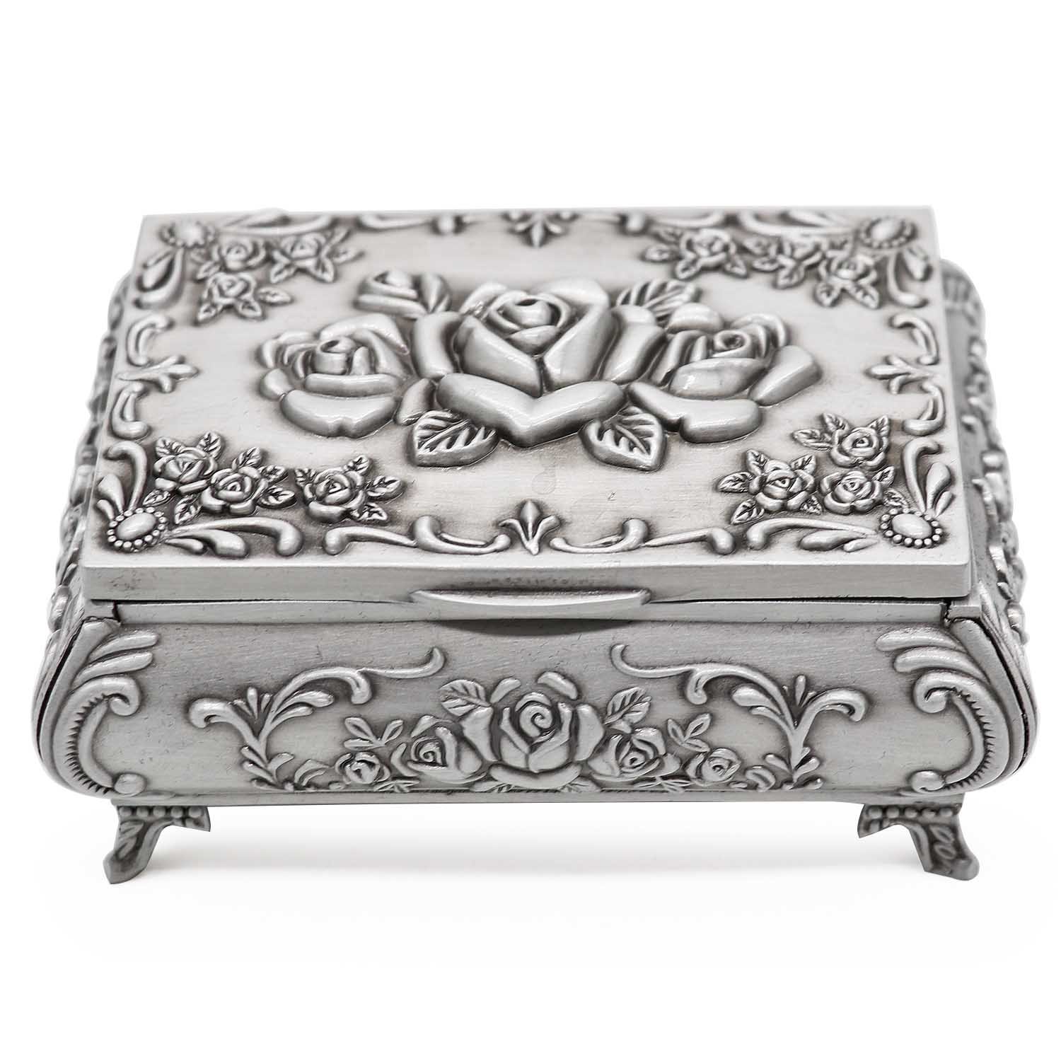 AVESON Rectangle Vintage Metal Jewelry Box Trinket Storage Organizer Gift Box Chest Ring Case with Rose Pattern for Girls Ladies Women, Medium