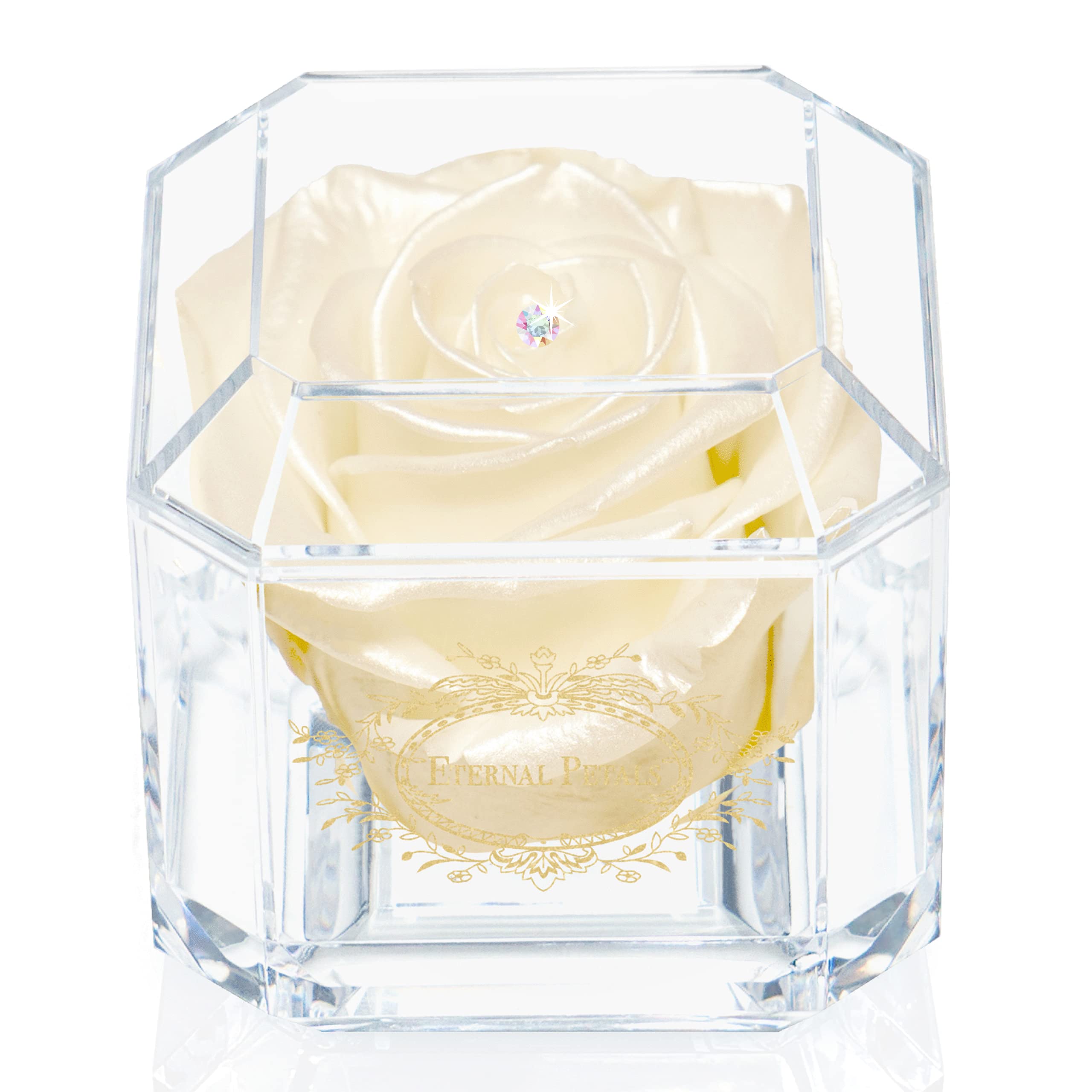 Eternal Petals A 100% Real Rose That Lasts Years, Handmade in UK – Gold Solo with A Multicolour Crystal (Champagne Satin)