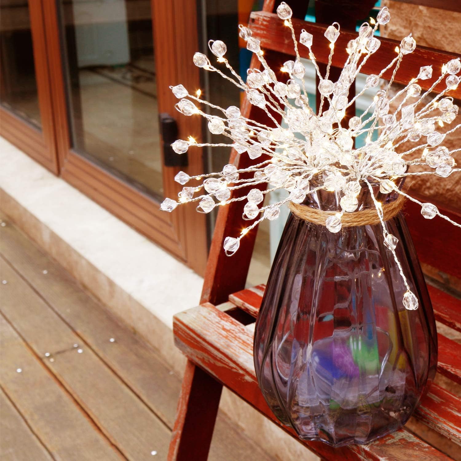 EAMBRITE Battery Operated 8" Copper Wire String Lights LED Hanging Starburst Light with 36 led Warm White Bulbs and Transparent Beads Decoration for Home Party