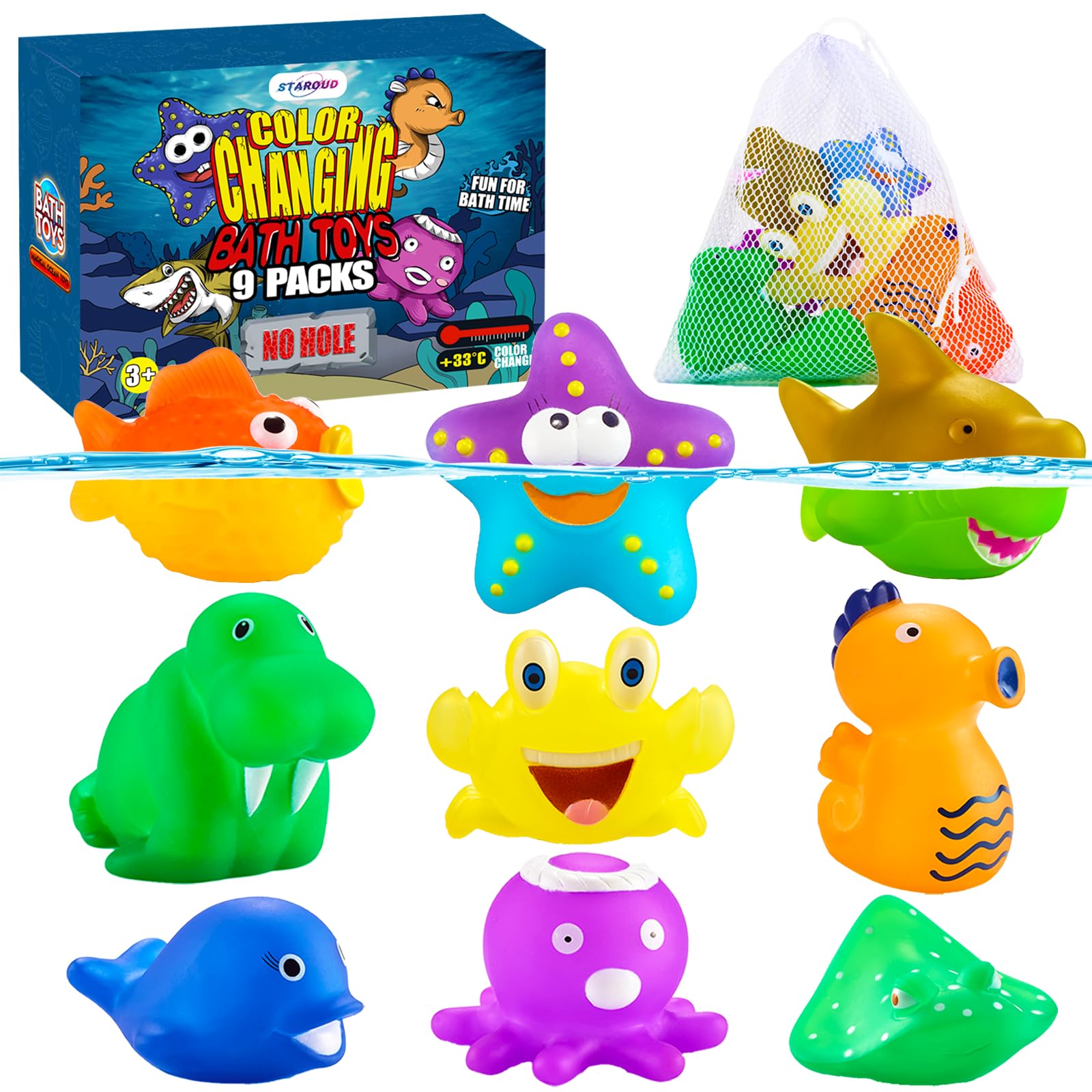 9 Packs Color Changing Easter No Hole Bath Toys for Kids Toddlers Baby, Easter Basket Stuffers Fillers Gifts, Color Change Water Table Toys Sea Creatures Ocean Animal Bathtub Toys with Drying Bag