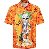 Hardaddy Mens Short Sleeve Halloween Costume Party Skull Button Down Casual Bowling Shirts(Color01,M)
