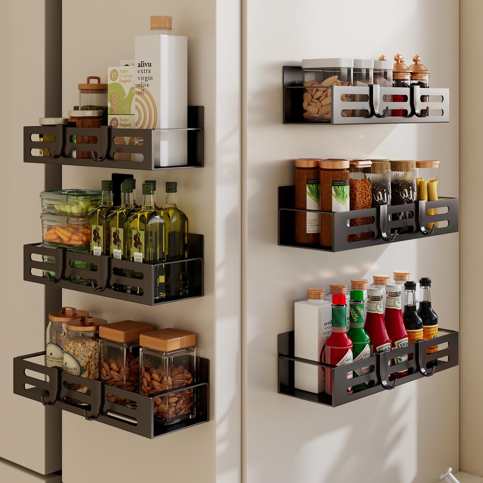 SETBAOO 6 Pack Magnetic Spice Rack for Refrigerator Set, Black Magnetic Shelf and Fridge Kitchen Cabinet Organizers Storage Seasoning Organization Mini Shelves. Image