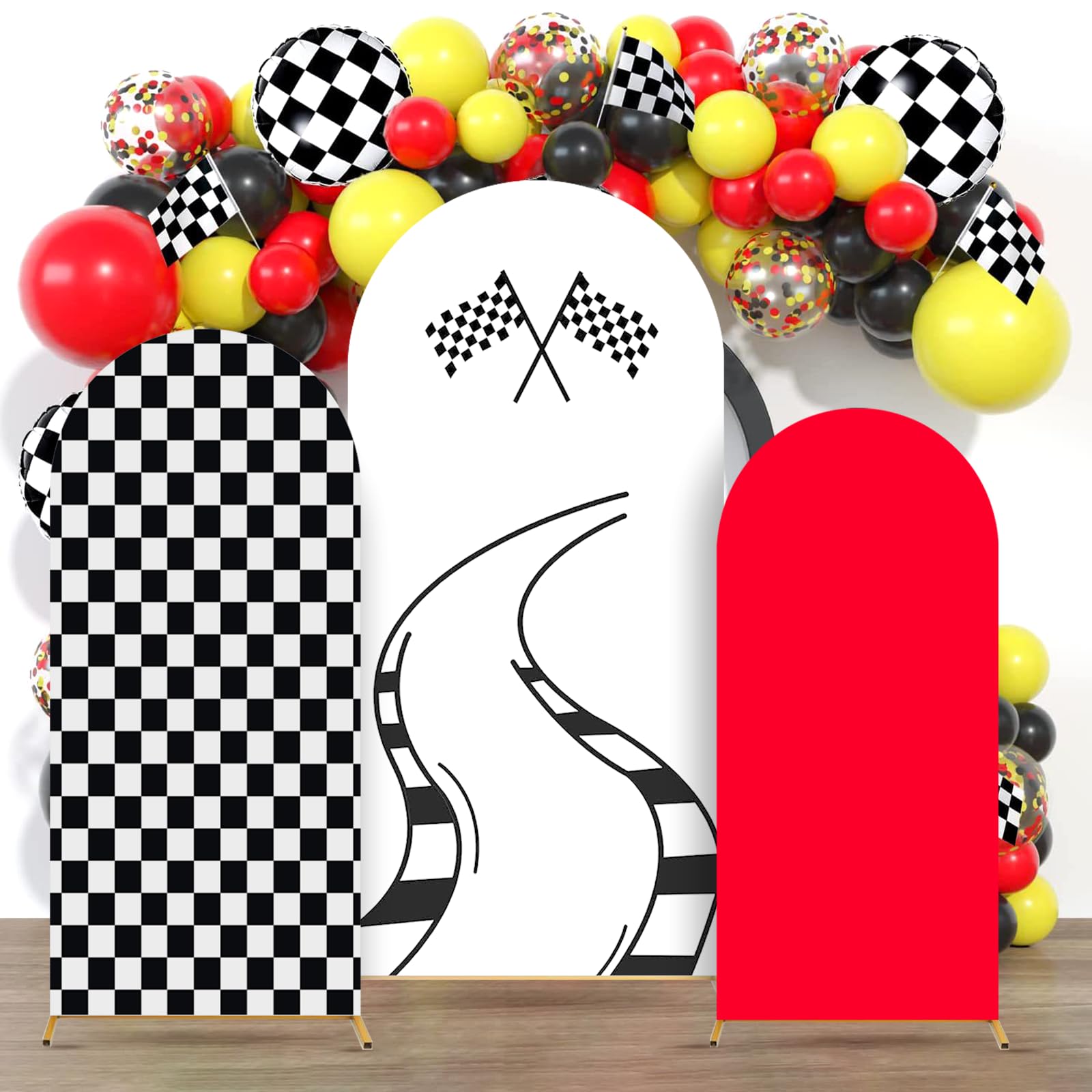 Photo 1 of Black White Checkered Racing Theme Party Arch Backdrop Covers 4Ft, 5Ft, 6Ft Racing Track Arched Fabric Backdrop Cover for Birthday Wedding Baby Shower Party Decor
