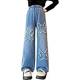 AOWKULAE Girls Jeans Elastic Waist Wide Leg Pants Kids Jeans 4-14 Years