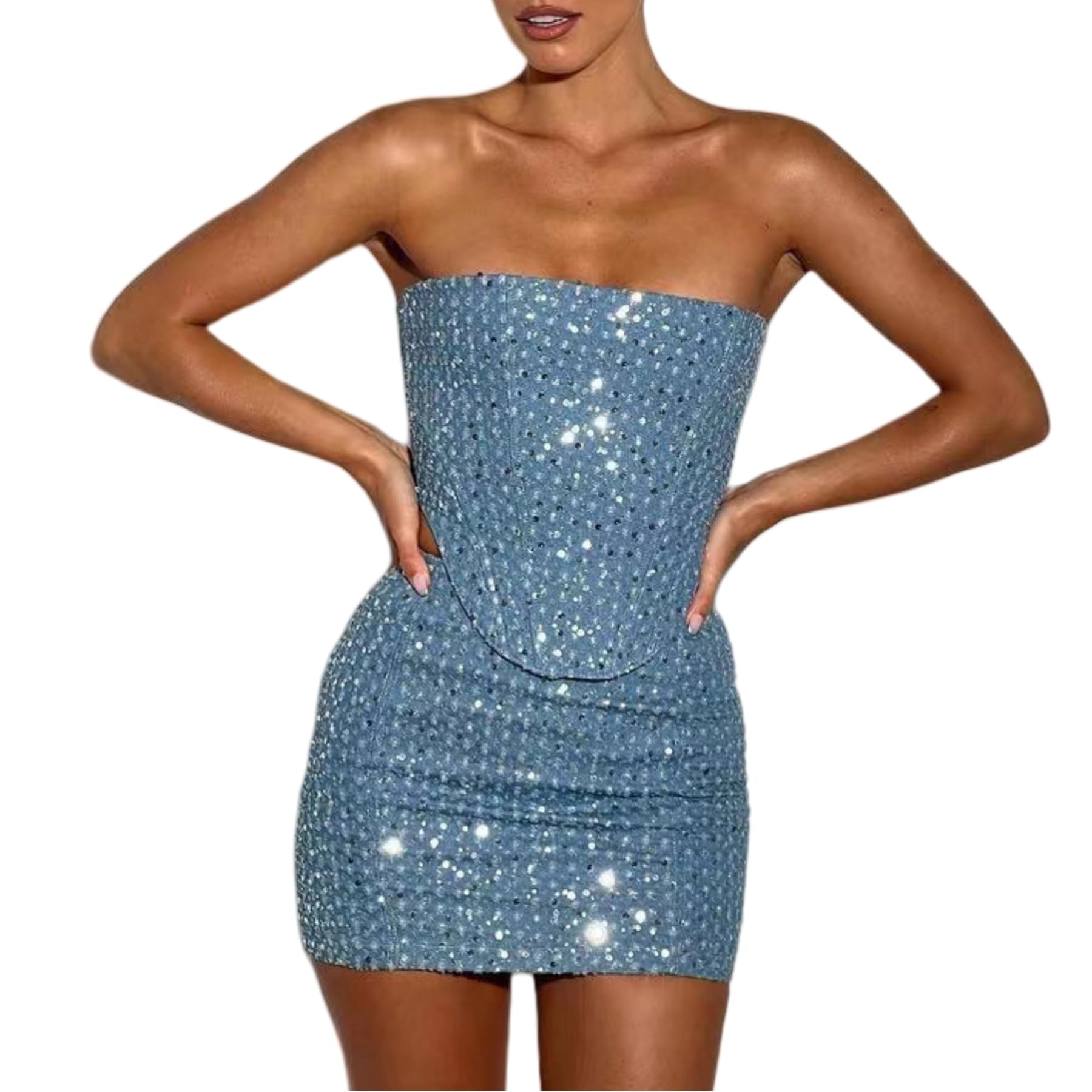 Photo 1 of AMPOSSTO Women's Sequin Denim 2 Piece Outfits Sexy Zip Up Bustier Crop Tops Mini Skirt Set for Party Club SIZE S