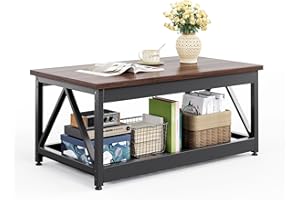 KitMent Coffee Table, 39.4'' Wide Farmhouse Coffee Table with Slatted Storage Shelf & V-Shape Frame, 2-Tier Wood Center Table