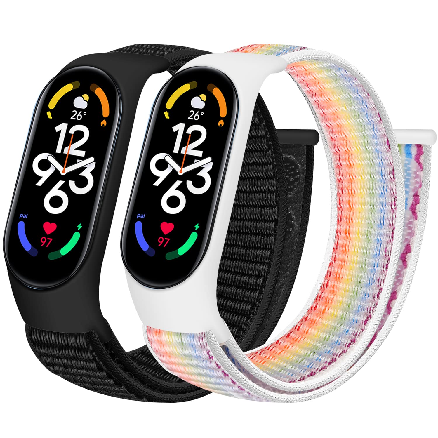 Tiptops 2 Pack Breathable Nylon Sport Solo Loop Replacement Band for Mi Band 7/6/5/4/3, Women Men, Black, Blue, White, Pink, Red, Army-Green, Rainbow, 165mm-245mm, Hook And Loop Closure