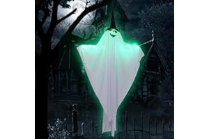 WPOND Halloween Hanging Light up Ghost with Spooky Green LED Light,47” White Flying Ghosts Wearing A Hat,Perfect Decor for Indoor Outdoor Porch Garden Patio Lawn Haunted Holiday Party