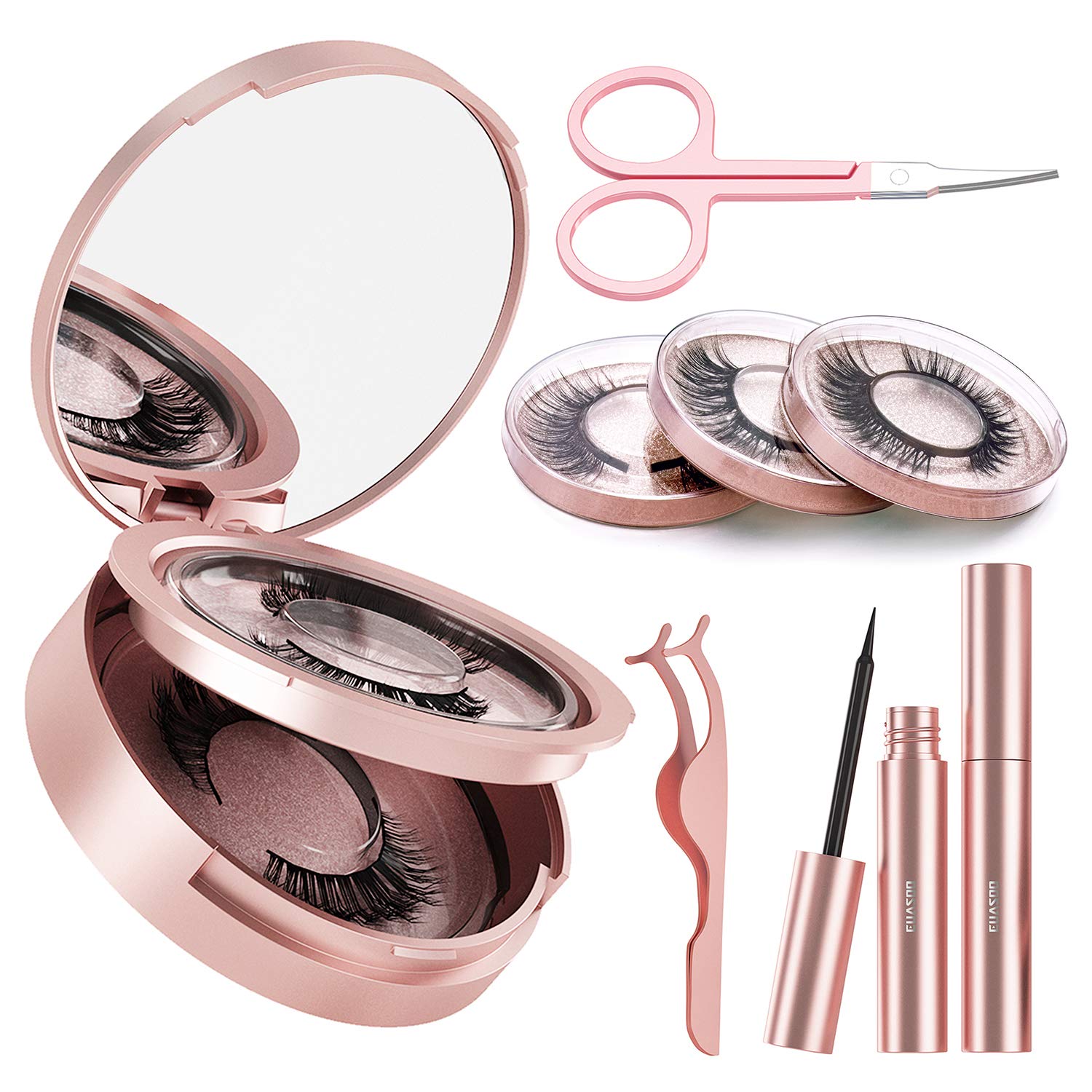 EUASOO Magnetic Eyelashes, Magnetic Eyeliner and Eyelashes Kit Include 5 Pairs Reusable 3D Lashes 2 Waterproof Eyeliners Tweezer and Scissor, Multi Styles False Eyelashes Easy to Wear No Glue Needed