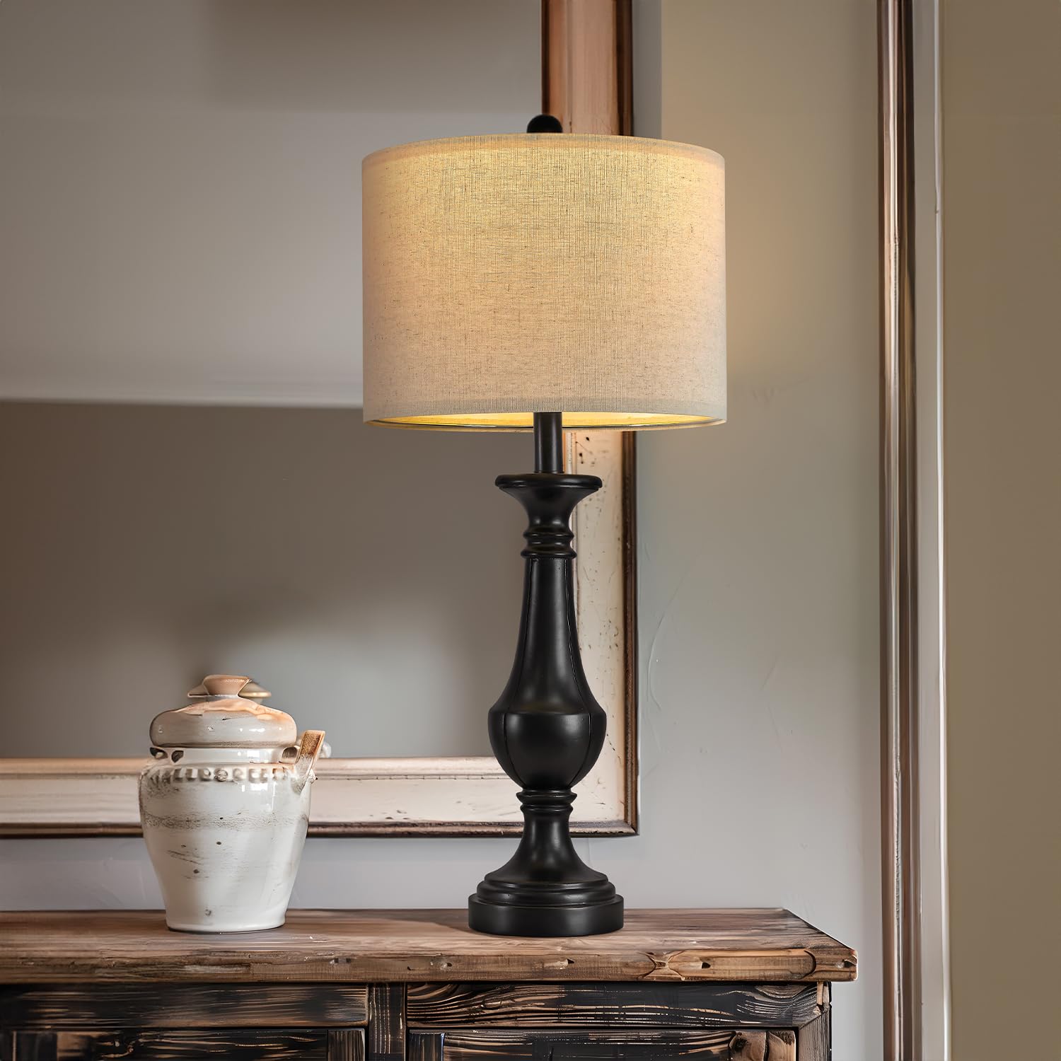 Photo 1 of PoKat 27.5" Farmhouse Table Lamp for Living Room, Mid Century Tall Table Lamp for Bedroom, Bedside Lamps for Night Stands, Wood Bedroom Lamp for End Table, Traditional Lamp, Distressed Black