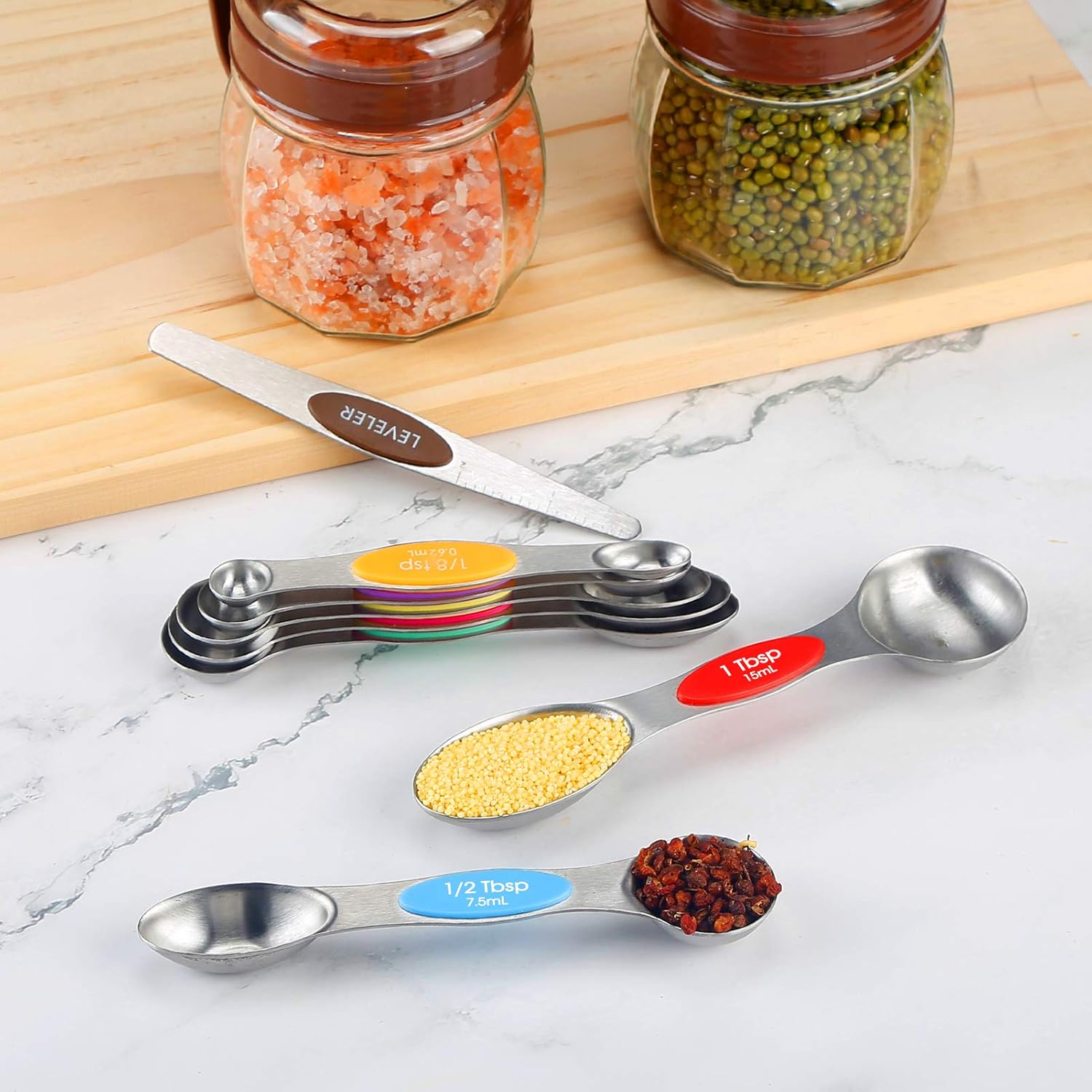 TEMEISI Magnetic Measuring Spoons Set, Dual Sided Stainless Steel Measuring Spoons Fits in Spice Jars, Stackable Teaspoon for Measuring Dry and Liquid Ingredients - Set of 8: Kitchen & Dining