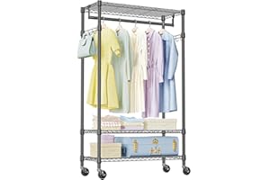 IZEUK Heavy Duty Rolling Garment Rack with 3 Adjustable Wire Shelves, Hanging Rod & Side Hooks - Mobile Clothes Rack with Wheels, 29.5" W x 15.7" D x 75" H, Black