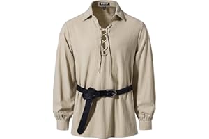 JEMITOP Men's Cotton Lace Up Retro Design Shirts for Renaissance Pirate Viking Medieval Costume Without Belt