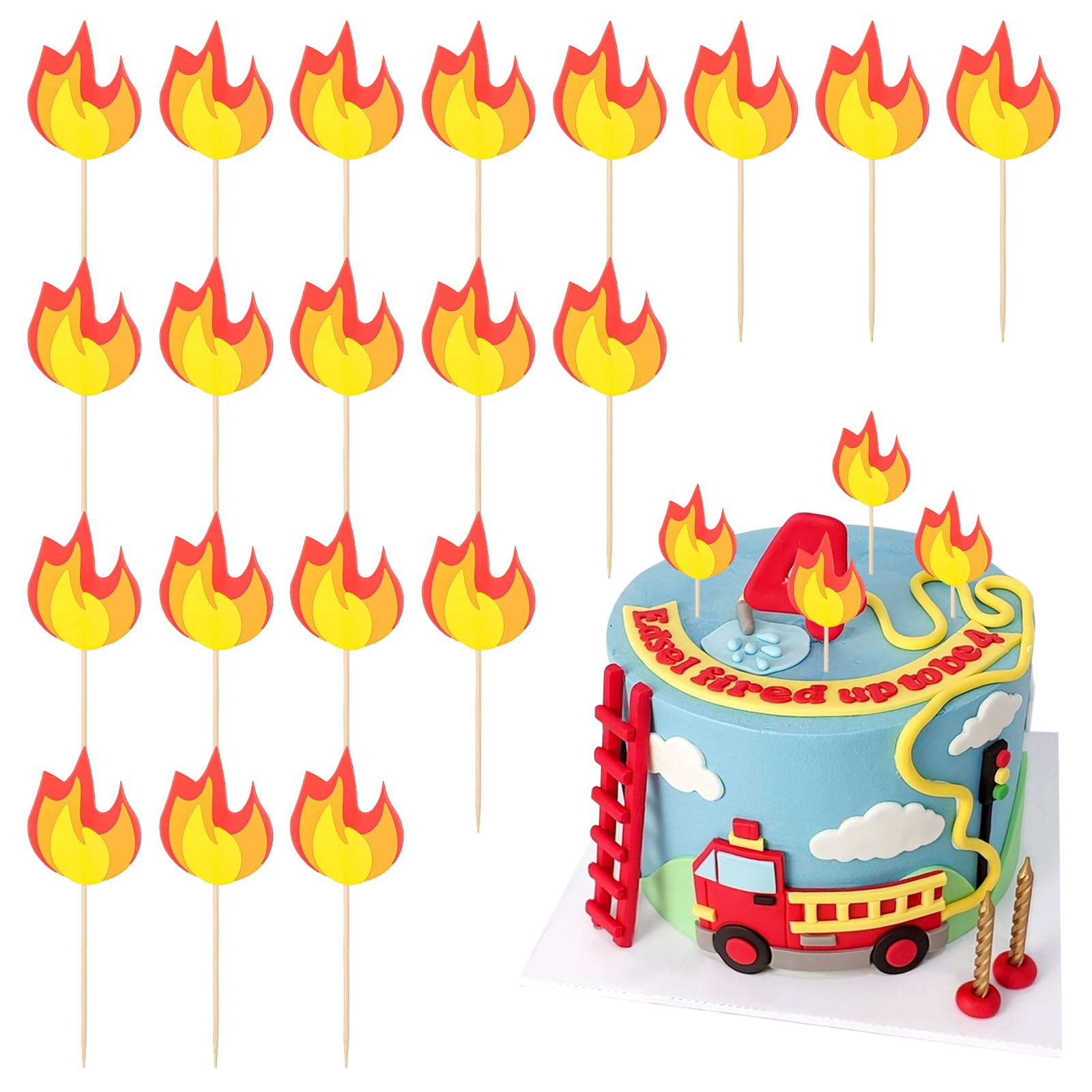 Photo 1 of JIYIN 20 Pcs Fire Truck Cake Topper, Fireman Cupcake Toppers Fire Truck Birthday Party Supplies, Fire Theme Birthday Party Cake Decoration Supplies