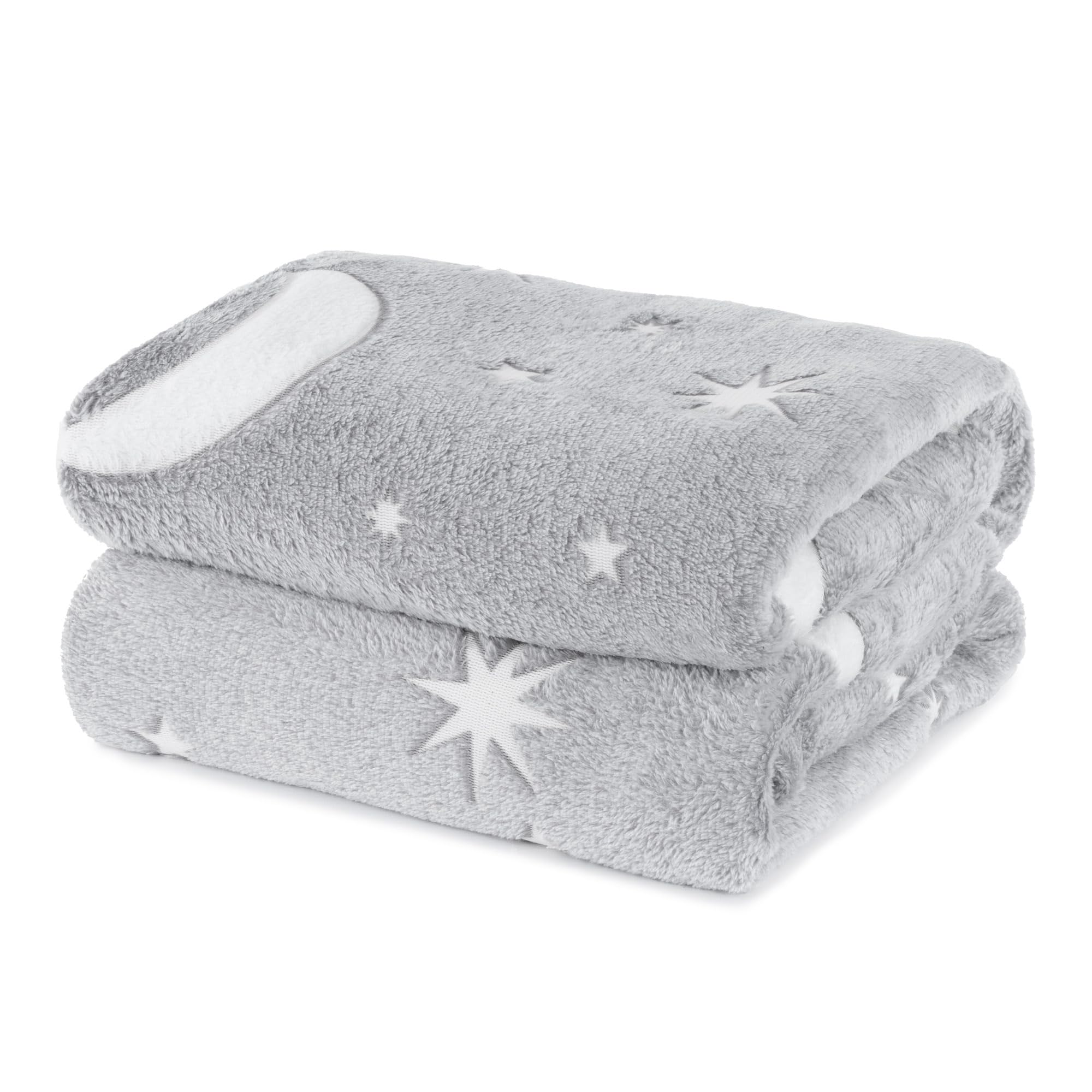 FiNeWaY Glow in The Dark Throw Blanket Flannel Moon Star Unicorn Gifts for Kids Girls Boys Adults Bedroom Cosy Warm Super Soft Plush Fleece Faux Fur (Moon & Stars Grey)