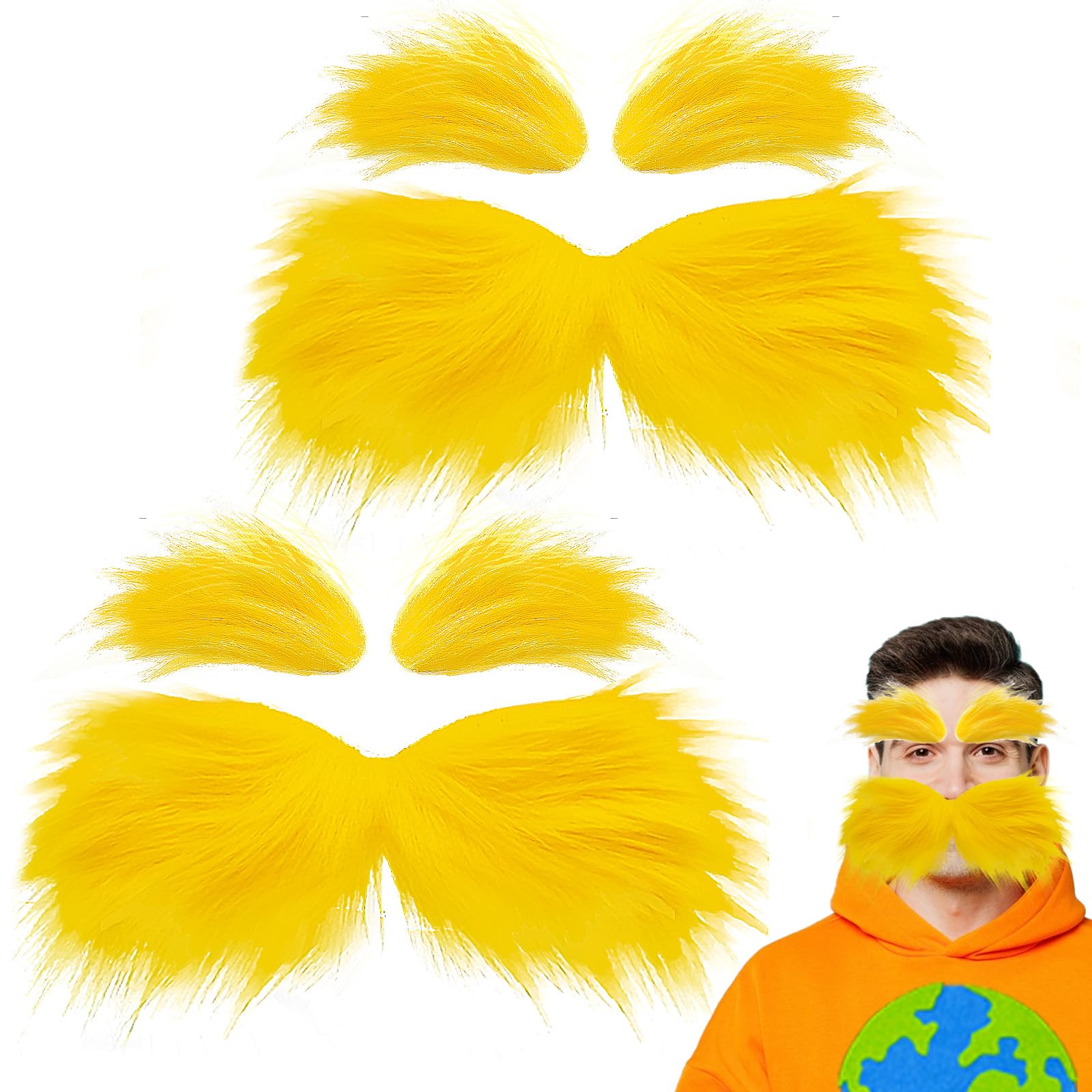 Photo 1 of 2 Sets Yellow Self Adhesive Mustache and Eyebrows,Faux Facial Hair Halloween Set,Fake Funny Beard Cosplay Costume Accessories for Earth Day Birthday Christmas Party Favor,Adult,Kids,Light Yellow