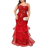 dasmzper Women Sexy Sleeveless Sequin Mesh Patchwork Maxi Dress Red Plus Size Sling Cocktail Party Formal Gowns