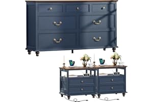 Joaxswe Farmhouse Furniture Set, Nightstands Set of 2 and 7 Drawers Dresser for Bedroom, 54 Inch Wide Wood Dresser and 24" Night Stands with Charging Station for Bedroom, Living Room, Hallway