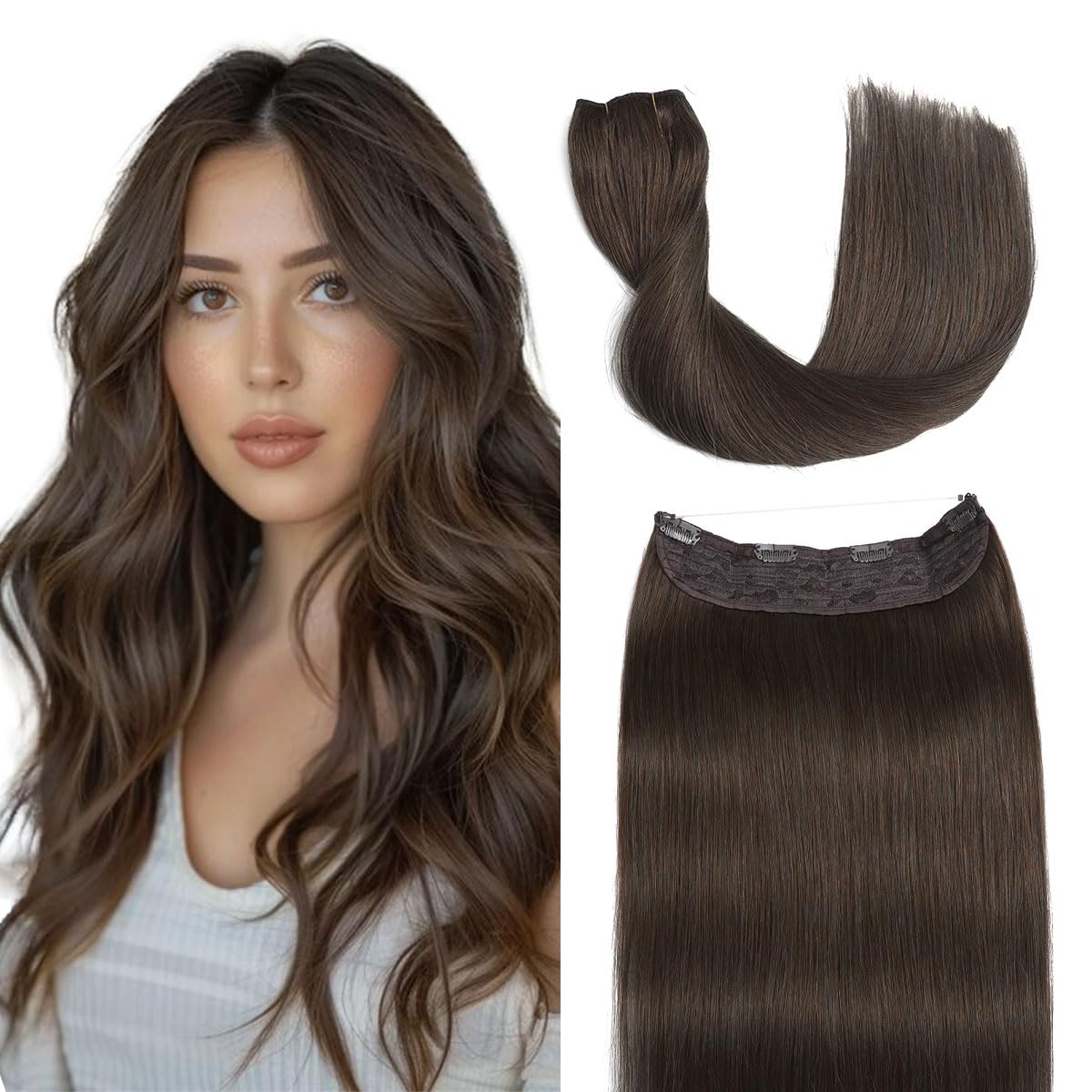 Sindra Wire Hair Extensions Human Hair 70g Dark Glden Brown Invisible Wire Hair Extensions One Piece Straight Remy Human Hair Extensions (#4-16inch)