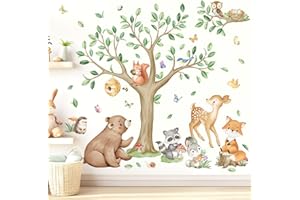 wondever Woodland Animal Tree Wall Stickers Bear Deer Fox Owl Peel and Stick Wall Art Decals for Baby Nursery Decor Kids Bedr