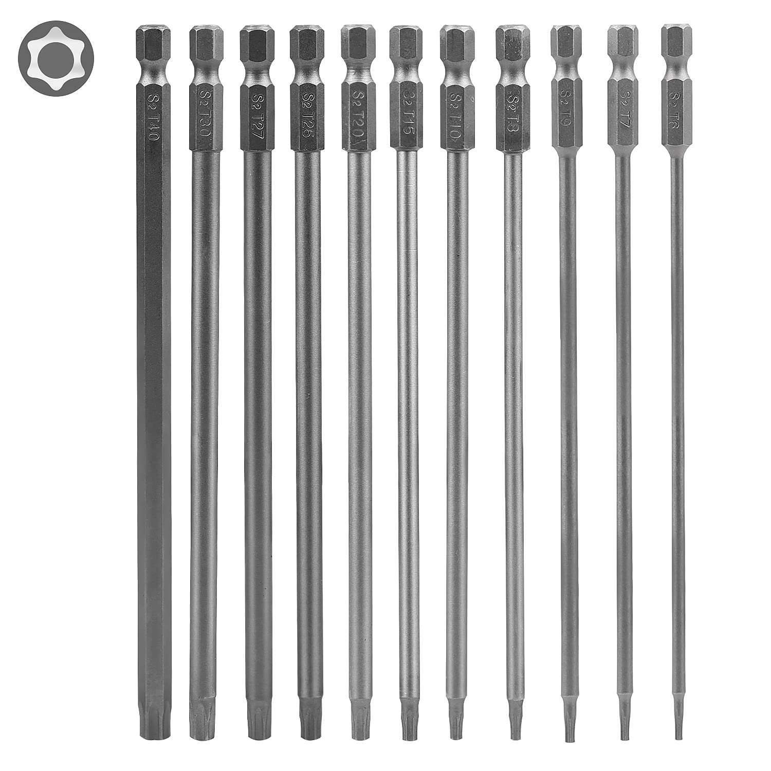 CPROSP 11pcs Torx Bit 150 mm Long, T6,T7,T8,T9,T10,T15,T20,T25,T27,T30,T40,S2 Steel, Star Head